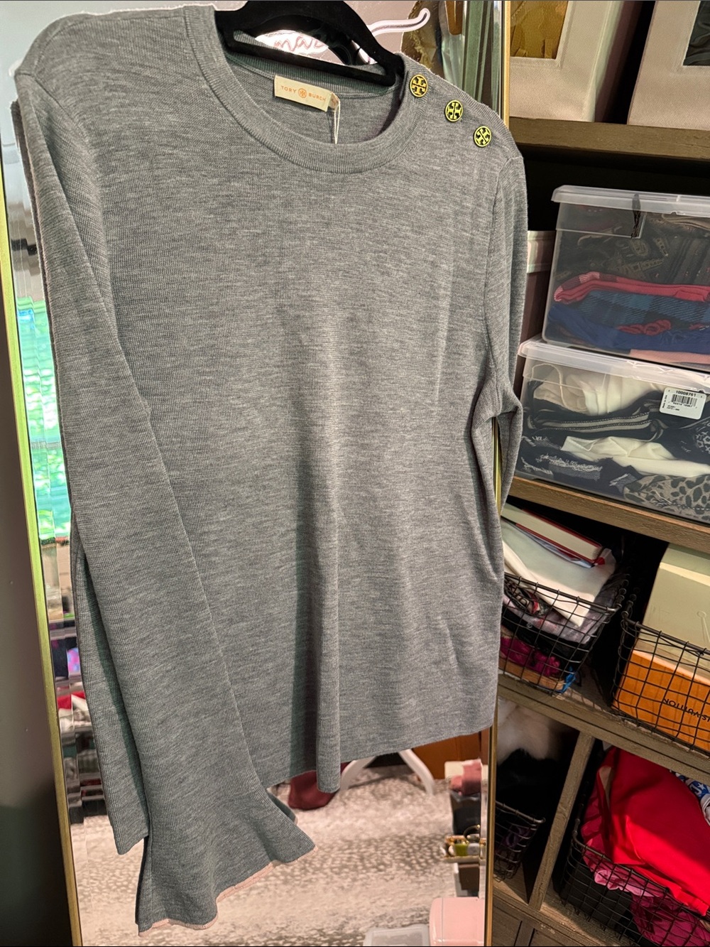 Tory Burch Ladies Heather Gray Long-Sleeve Knit Top with Logo Shoulder Buttons